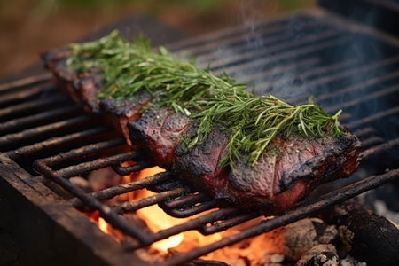 charred kangaroo steak with herbs on bbq, created with generative aiの素材