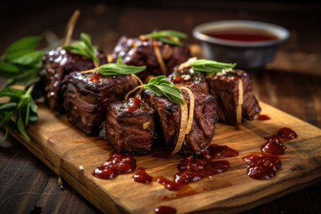 bison ribs with bbq sauce and herbs, created with generative aiの素材
