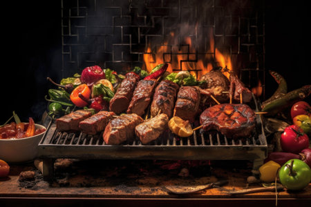 assorted exotic meats on a flaming grill, created with generative aiの素材