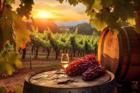 wine barrel and grapes in vineyard at golden hour, created with generative aiの素材