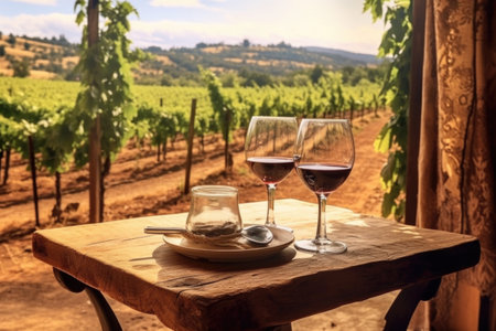 wine glasses on rustic wooden table among vineyards, created with generative aiの素材