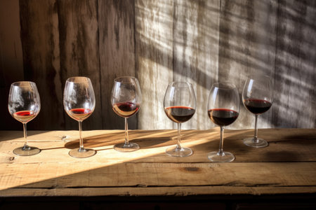 wine glasses casting shadows on rustic tabletop, created with generative aiの素材