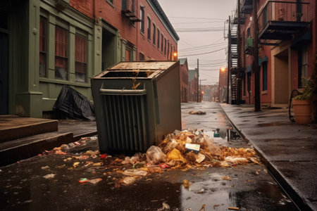 dumpster with trash spilling onto the pavement, created with generative aiの素材