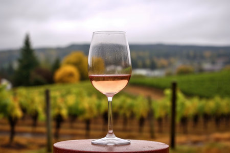 raindrops on wine glass with vineyard in the background, created with generative aiの素材