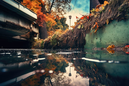 abstract shot of overflowing gutter reflecting surrounding nature, created with generative aiの素材