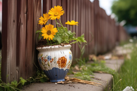 ceramic flower pot tipped over near fence, created with generative aiの素材
