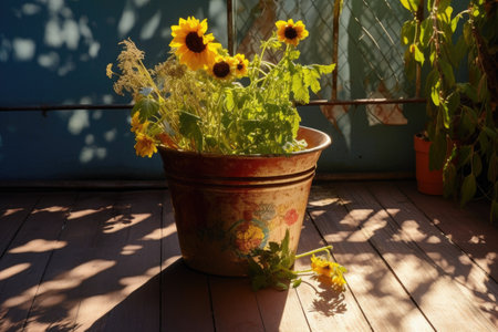 sunlight casting shadows on overturned flower pot, created with generative aiの素材