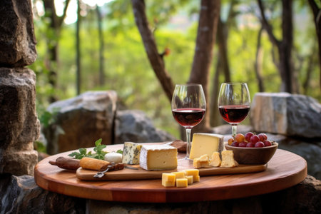 wine and cheese set on rustic wooden table in a beautiful outdoor setting, created with generative aiの素材