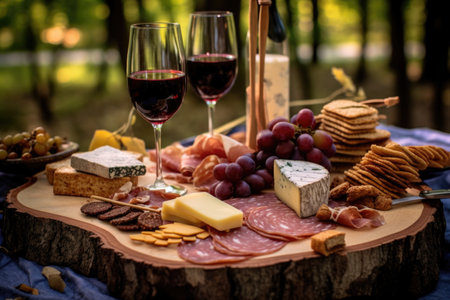 charcuterie board with wine and cheese in the park, created with generative aiの素材