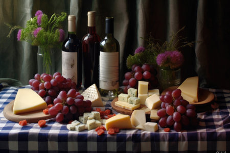 wine bottles, cheese platter, and grapes on a checkered blanket, created with generative aiの素材