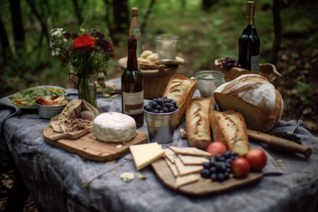 rustic outdoor picnic with wine, cheese, and baguette, created with generative aiの素材