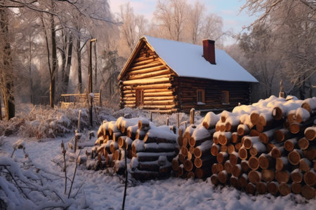 rustic woodpile covered in snow on a frosty day, created with generative aiの素材