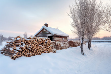snow-covered firewood pile in a winter landscape, created with generative aiの素材