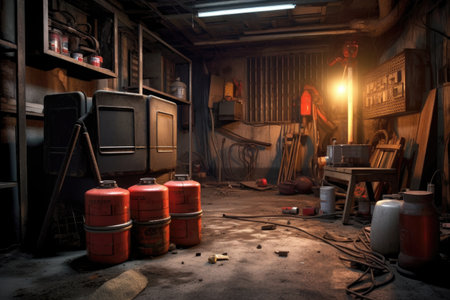 generator and fuel cans in a garage, created with generative aiの素材