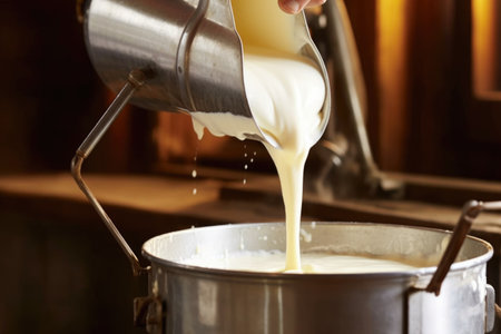 close-up of fresh milk pouring into cheesemaking kettle, created with generative aiの素材