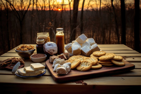 smores ingredients arranged on picnic table, created with generative aiの素材
