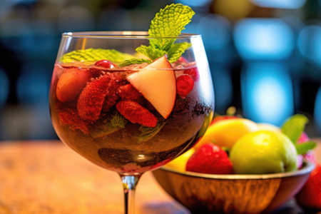 close-up of a sangria glass with fruit garnish and mint leaves, created with generative aiの素材