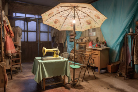 umbrella sewing machine in a workshop, created with generative aiの素材