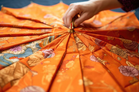 close-up of umbrella fabric being sewn together, created with generative aiの素材