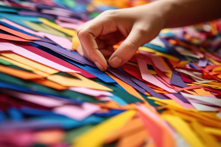 close-up of colorful paper strips being cut for decoration, created with generative aiの素材