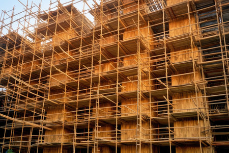bamboo scaffolding sections stacked for construction, created with generative aiの素材