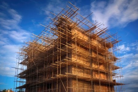 partially built bamboo scaffolding against sky, created with generative aiの素材