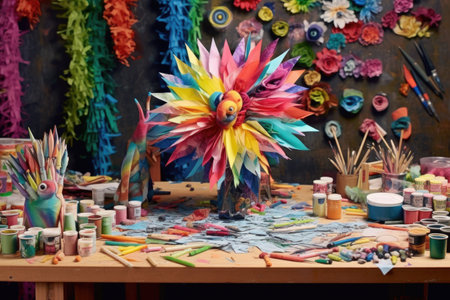 colorful paper and glue on a crafting table, created with generative aiの素材