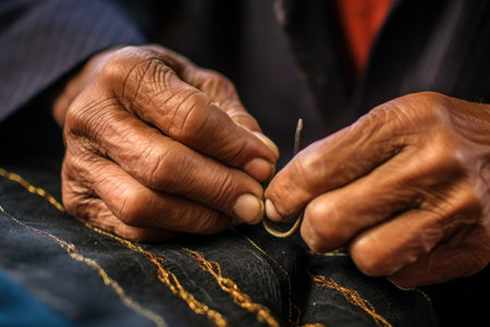 close-up of a tailors hand stitching details, created with generative aiの素材