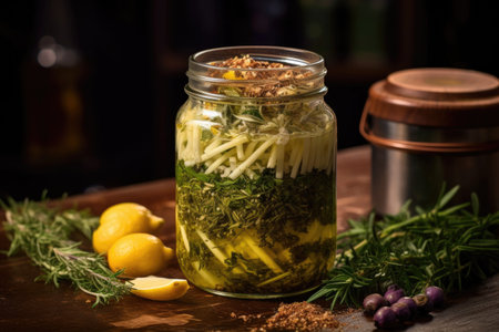 olive oil with herbs and spices infusing in a jar, created with generative aiの素材
