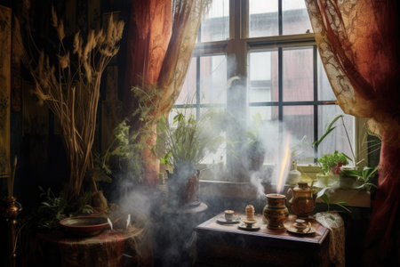smoke plumes rising from incense near an open window, created with generative aiの素材