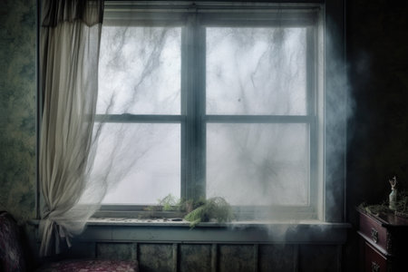 foggy window with smoky wisps outside, created with generative aiの素材