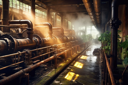 industrial pipes releasing steam at a paper mill, created with generative aiの素材