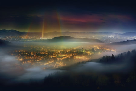moonbow rising above a foggy cityscape, created with generative aiの素材