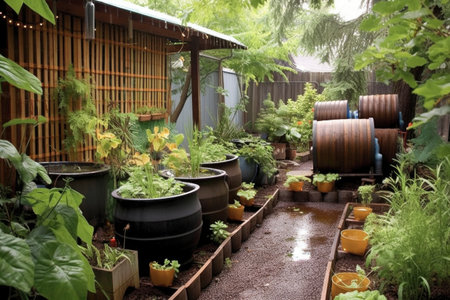 diy rainwater harvesting system in a backyard, created with generative aiの素材