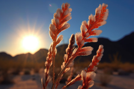 dramatic backlit shot of a blooming ocotillo, created with generative aiの素材