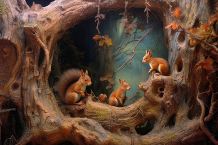 squirrels playing in a tree hollow, created with generative aiの素材