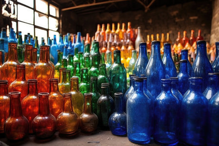 sorted glass bottles by color in a recycling center, created with generative aiの素材