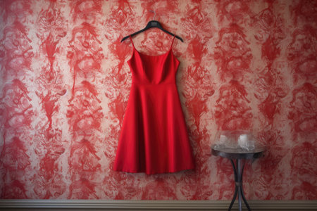 red dress on hanger against a patterned wall, created with generative aiの素材