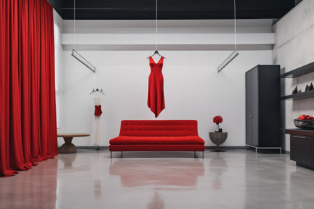 red dress hanging amidst minimalist store decor, created with generative aiの素材