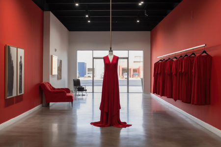 red dress on hanger amidst minimalist store design, created with generative aiの素材