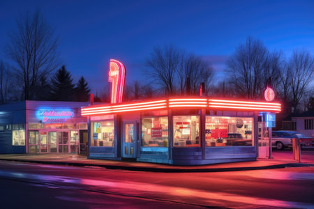 retro diner exterior with neon signs at night, created with generative aiの素材