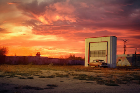 vintage drive-in theater screen at sunset, created with generative aiの素材