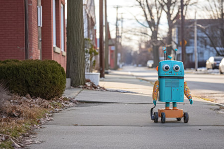 robot courier avoiding obstacles on sidewalk, created with generative aiの素材