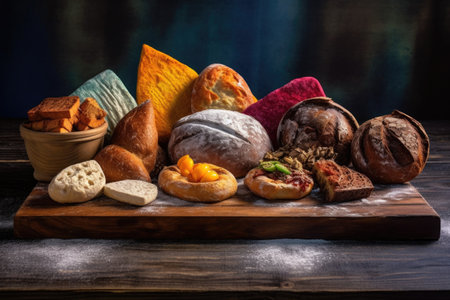 artisan breads on a wooden board with flour, created with generative aiの素材