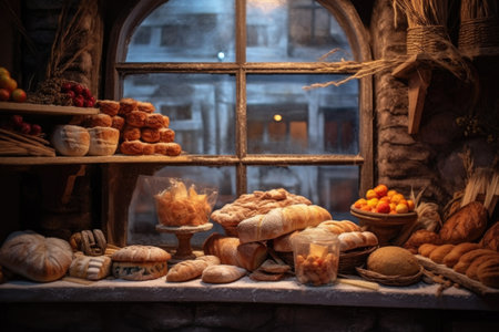close-up of a rustic bakery window with baked goods, created with generative aiの素材