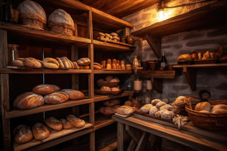 freshly baked bread on wooden shelves, created with generative aiの素材