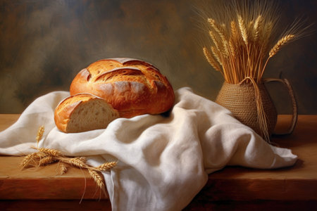 rustic bread on a linen cloth with wheat ears, created with generative aiの素材