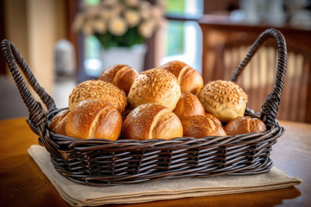 bread rolls arranged in a wicker tray, created with generative aiの素材