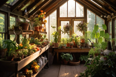 rustic greenhouse filled with vibrant plants, created with generative aiの素材