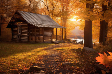 log cabin in the golden sunlight of autumn, created with generative aiの素材